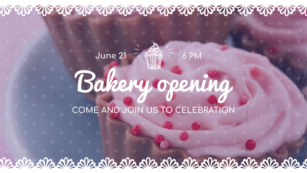 Bakery Opening announcement with Cupcakes in Pink FB event cover Tasarım Şablonu