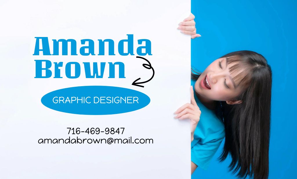 Graphic Designer Service Offer with Asian Woman on Blue Business Card 91x55mm tervezősablon