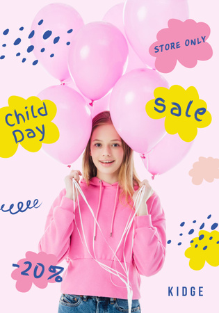 Children's Day with Cute Girl with Pink Balloons Poster 28x40in Design Template