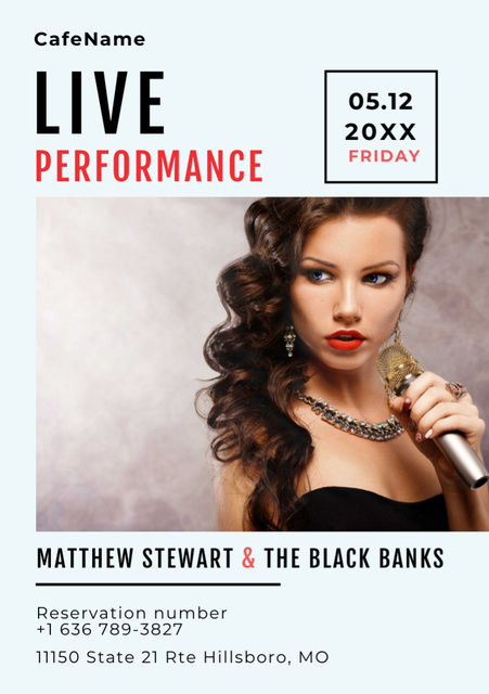 Live Performance Announcement with Gorgeous Woman Singer Flyer A7 Design Template