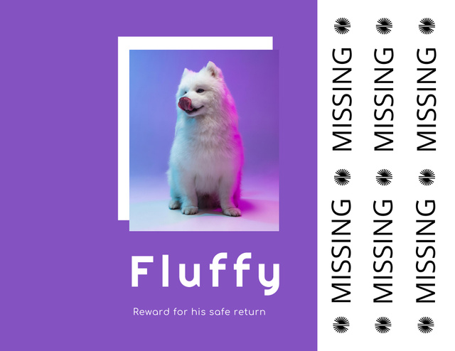 Lost Dog Information with White Puppy on Purple Flyer 8.5x11in Horizontal Design Template