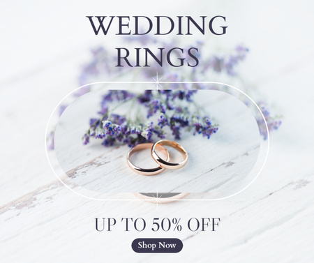 Plantilla de diseño de Jewelry Offer with Wedding Rings and Flowers Facebook 