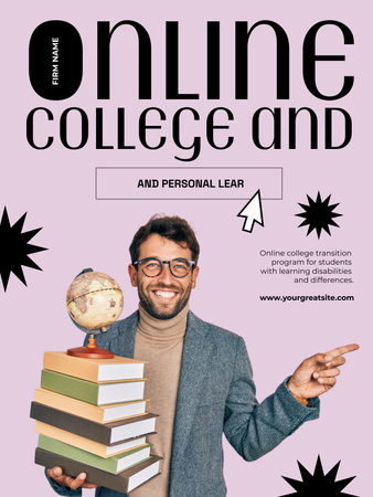 Online College Apply Announcement with Stack of Books and Globe Poster 36x48in Design Template