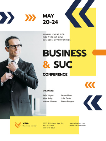 Business Conference Announcement with Confident Man in Suit Poster US Tasarım Şablonu