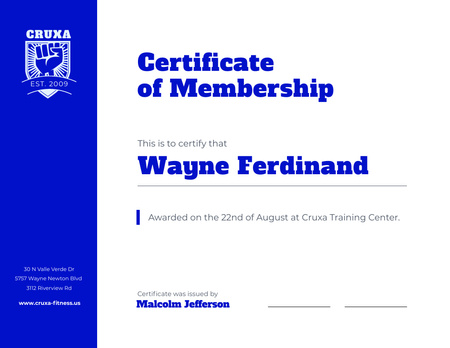 Training Club Membership confirmation in blue Certificate Design Template