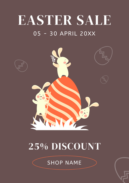 Easter Sale Announcement with Funny Rabbits and Painted Easter Egg Poster Design Template