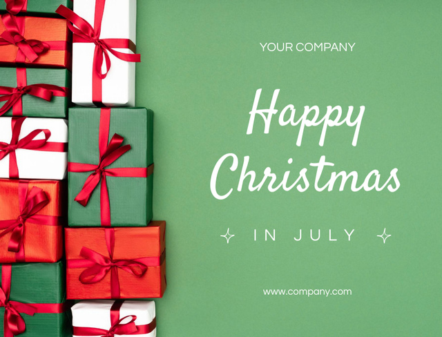 Platilla de diseño Christmas In July Salutations With Presents In Green Postcard 4.2x5.5in