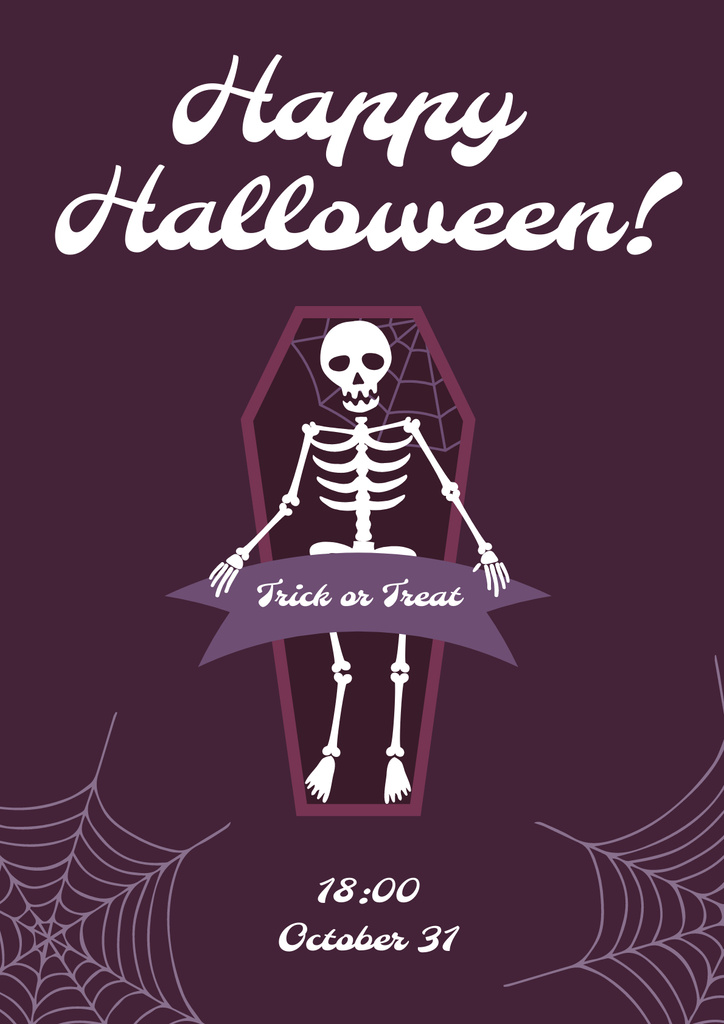 Platilla de diseño Halloween Greeting with Skeleton in Coffin Poster