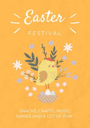 Easter Festival Announcement with Cute Chick and Eggs on Yellow Flyer A5 Design Template