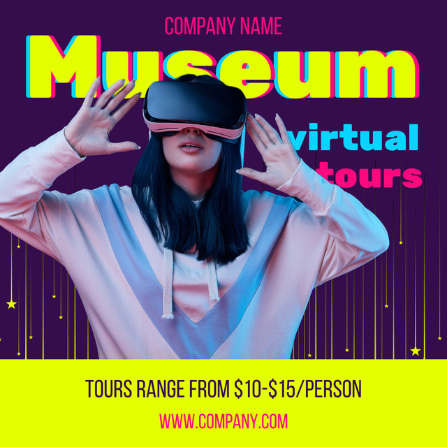 Designvorlage Museum Virtual Tour Ad with Girl in VR Glasses in Violet für Instagram