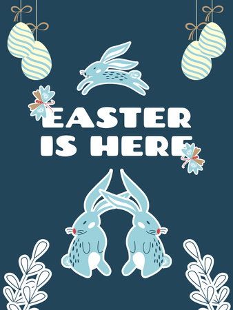Easter Greeting with Easter Bunnies and Eggs on Blue Poster US Design Template