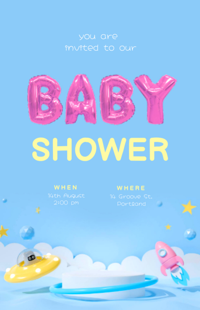 Platilla de diseño Baby Shower Celebration With Cartoon Spaceship Invitation 5.5x8.5in