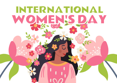 International Women's Day Celebration with Woman in Flowers Card Design Template