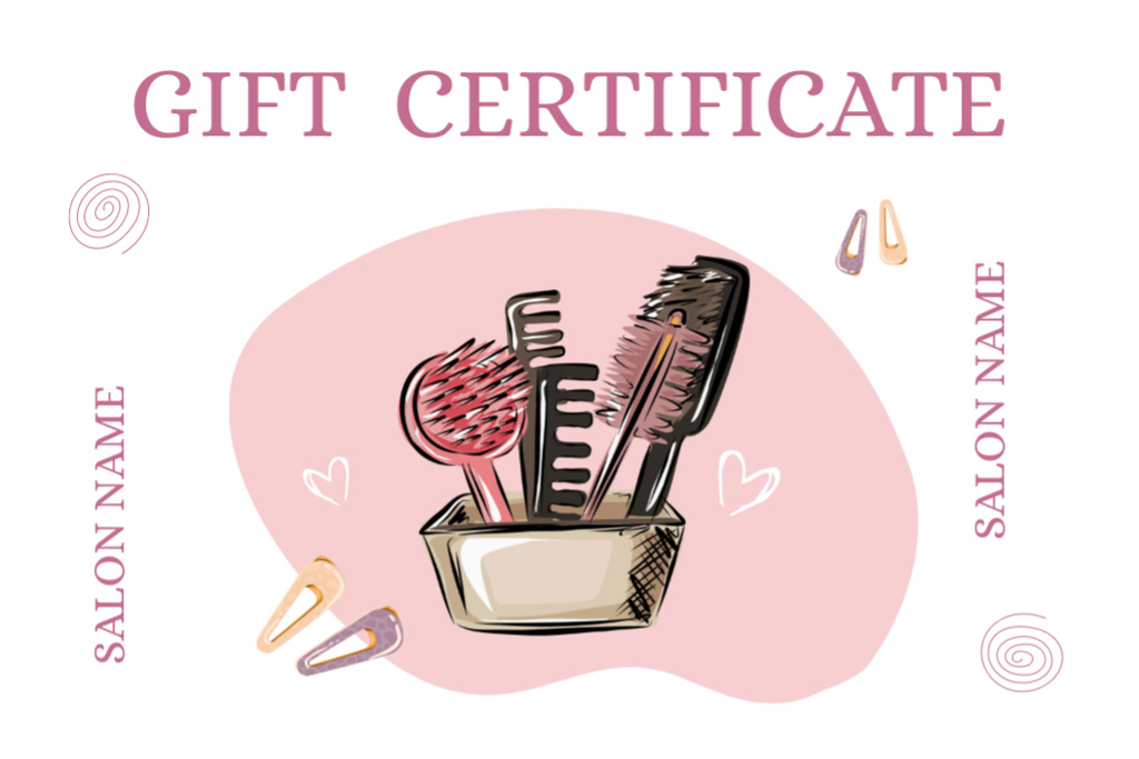 Beauty Salon Ad with Hairdressing Tools Gift Certificate Šablona návrhu