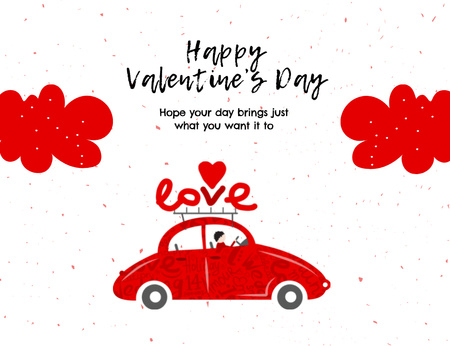 Happy Valentine's Day Greeting with Red Vintage Car Thank You Card 5.5x4in Horizontal Design Template