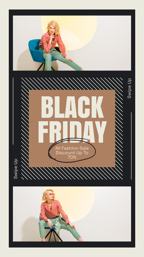Template di design Ad of Black Friday Discounts with Fashionable Woman on Chair Instagram Story