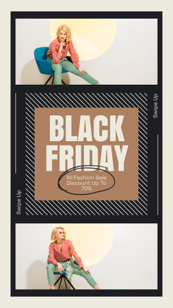 Plantilla de diseño de Anuncio de descuentos del Viernes Negro con mujer de moda en silla Instagram Story 