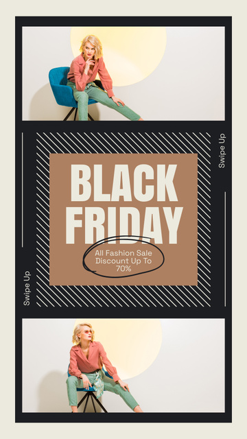Ad of Black Friday Discounts with Fashionable Woman on Chair Instagram Story Tasarım Şablonu