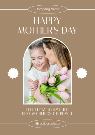 Mom and Daughter with Pink Tulips on Mother's Day Poster Design Template