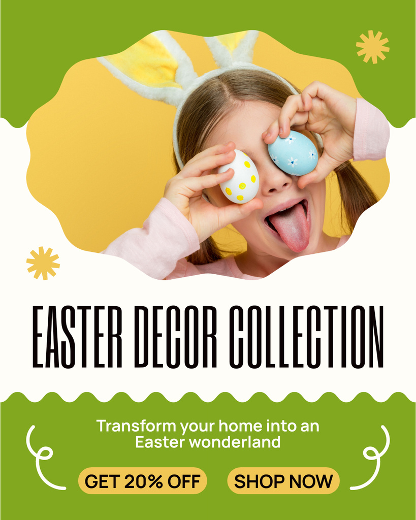 Easter Decor Collection Promo with Cute Girl in Bunny Ears Instagram Post Verticalデザインテンプレート