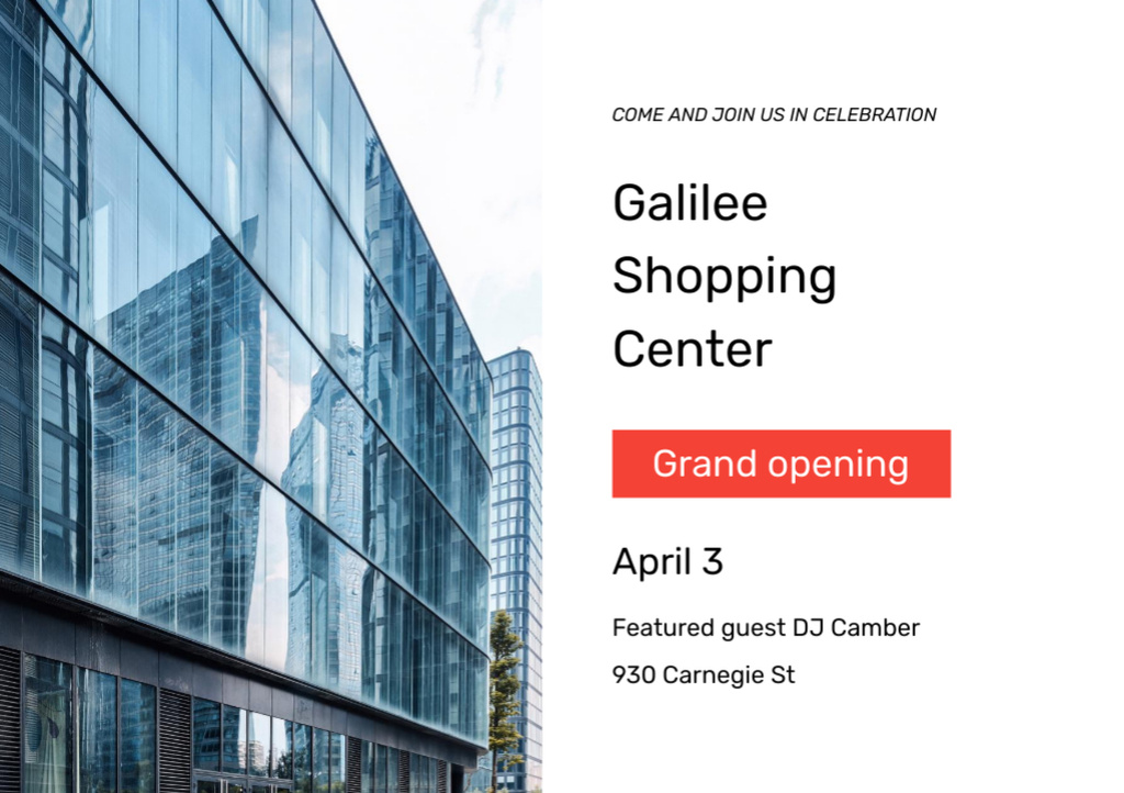 Plantilla de diseño de Shopping Center Opening with Glass Building Flyer A5 Horizontal 