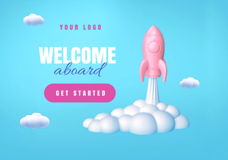 Welcome Phrase With Cute Rocket In Clouds Postcard A5 Πρότυπο σχεδίασης