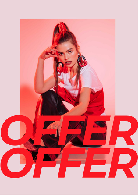Platilla de diseño Beautiful Stylish Young Woman on Red Poster