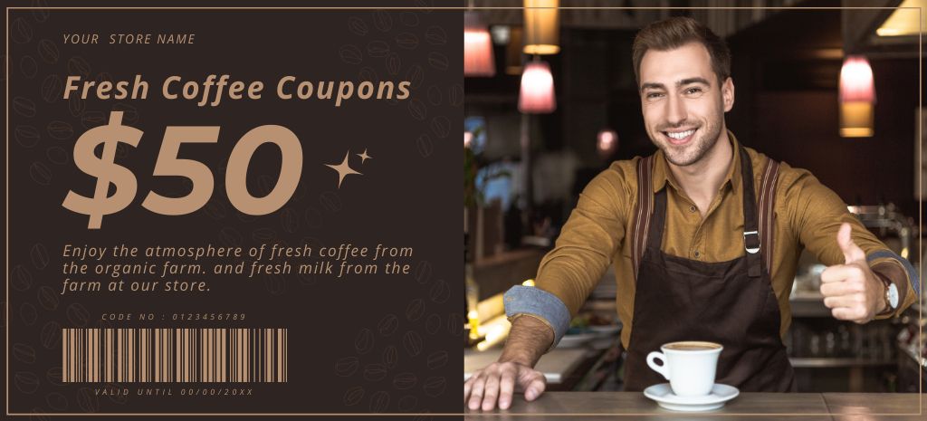 Fresh Coffee Voucher from Coffee Shop Coupon 3.75x8.25in Πρότυπο σχεδίασης