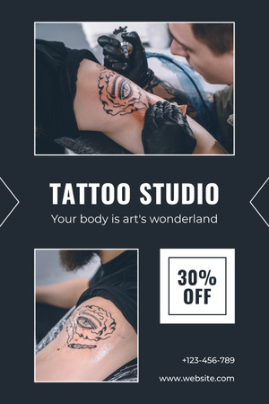 Designvorlage Tattoo-Studio mit Kunstwerken auf der Haut und Rabatt für Pinterest