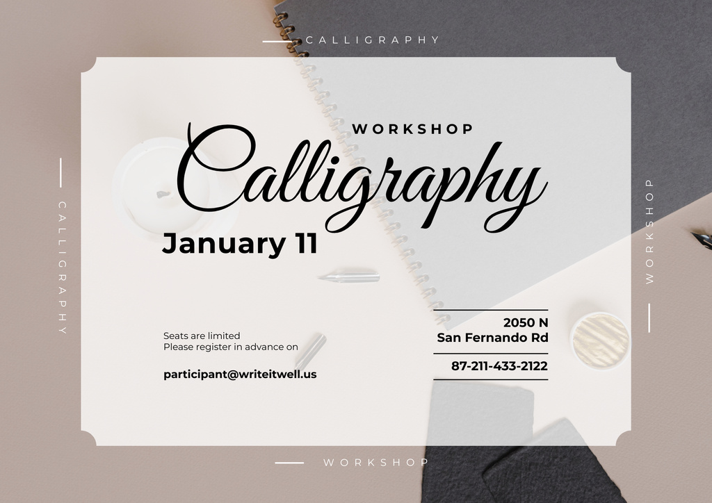 Winter Calligraphy Workshop Event Announcement with Notebook Poster B2 Horizontal Design Template
