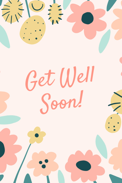 Get Well Soon Wish With Cute Illustrated Flowers Postcard 4x6in Vertical Design Template