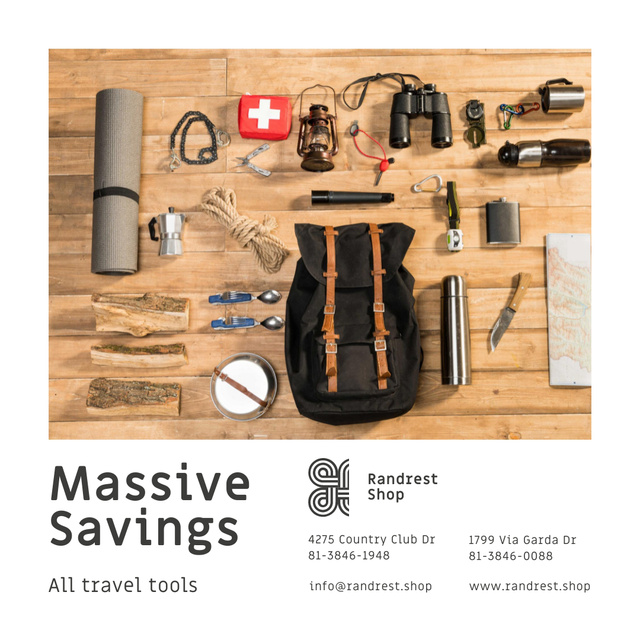 Travel Tools Shop Sale Camping Kit and Backpack Instagramデザインテンプレート