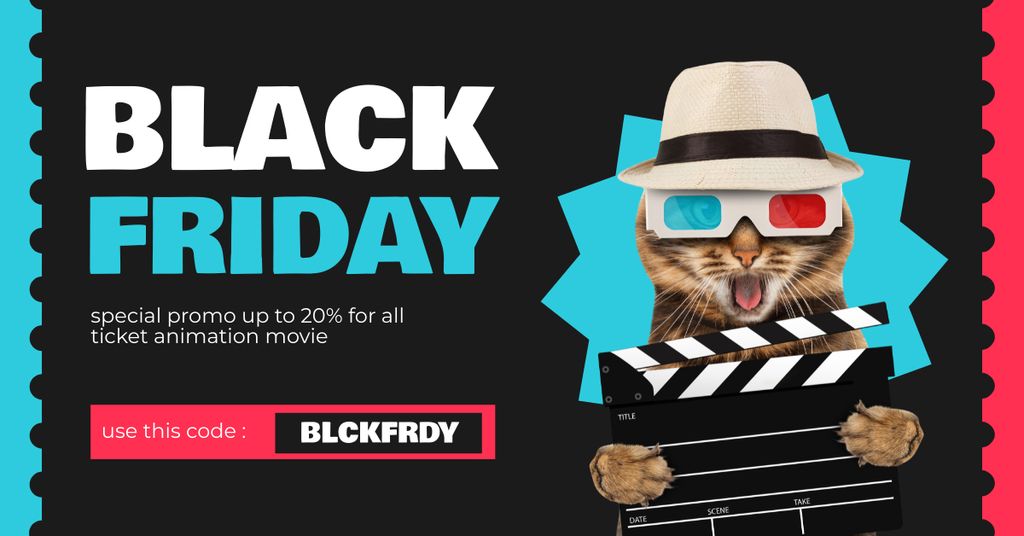 Designvorlage Black Friday Promo with Discount on Animation Movie Tickets für Facebook AD