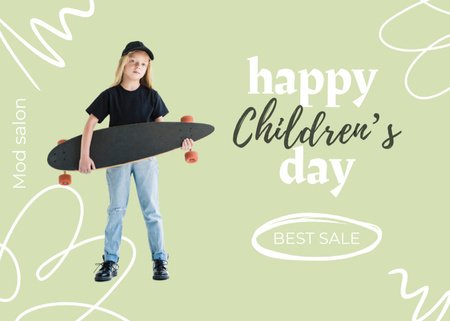 Ontwerpsjabloon van Postcard 5x7in van Little Girl with Skateboard on Children's Day