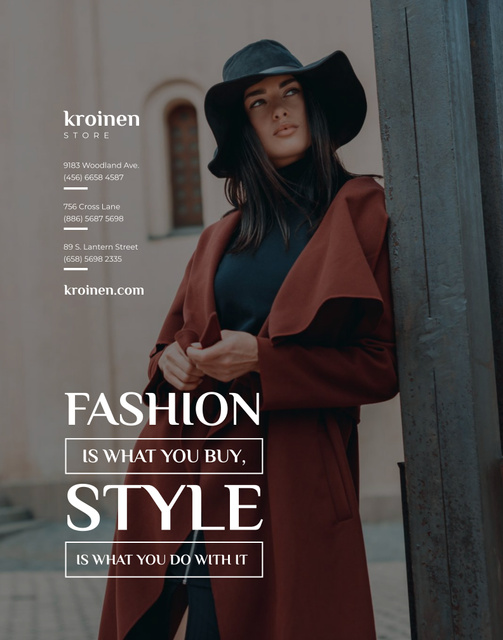 Fashion Ad with Woman in Brown Outfit and Hat Poster 22x28in Design Template