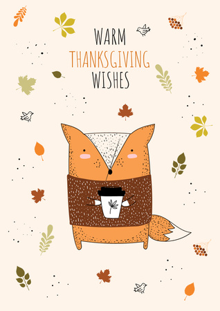 Thanksgiving Wishes with Fox holding cup Poster Design Template