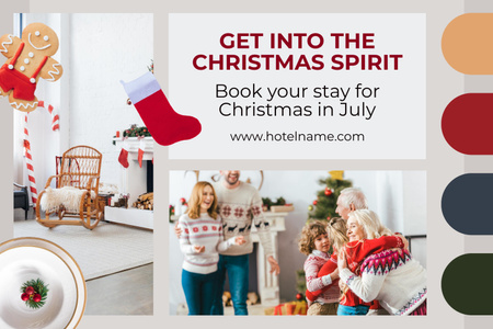 Hotel Booking Announcement for Christmas in July with Happy Family Mood Board Design Template