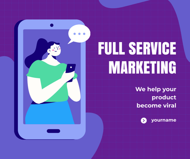 Digital Marketing Services Offer with Woman using Phone Facebook Modelo de Design