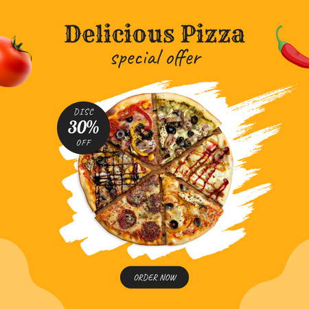 Special Offer of Delicious Pizza on Vivid Yellow Background Instagram Design Template