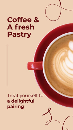 Designvorlage Herrliche Promo mit Kaffee in roter Tasse und Gebäck für Instagram Story