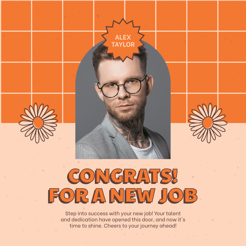 Congratulations to Man with Glasses on New Job LinkedIn post Modelo de Design
