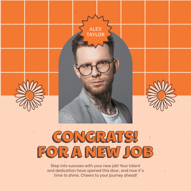 Congratulations to Man with Glasses on New Job LinkedIn postデザインテンプレート