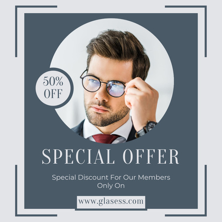 Glasses Store Offer with Handsome Man Instagram Modelo de Design