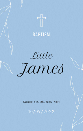 Baptism With Christian Cross And Leaves Invitation 4.6x7.2in Design Template