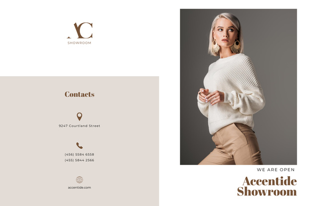 Designvorlage Elegant Showroom Offer with Woman in Stylish Clothes für Brochure 11x17in Bi-fold