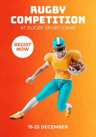 Rugby Competition Promotion with Football Player in Helmet Poster Design Template