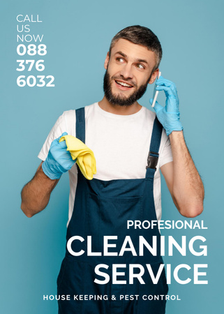 Cleaning Service Offer with a Man in Uniform with Phone Flayer Design Template