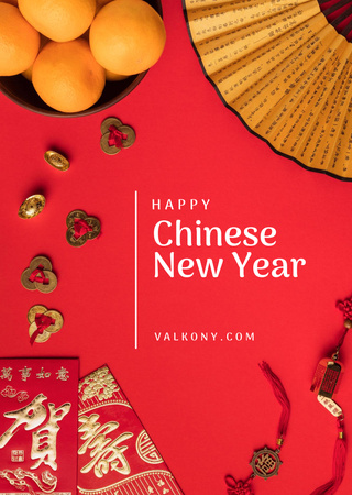 Chinese New Year Greeting With Asian Symbols Postcard A6 Vertical Design Template