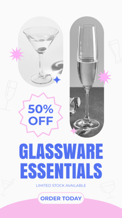 Промо-акция Glassware Essentials с элегантными бокалами для вина Instagram Video Story – шаблон для дизайна