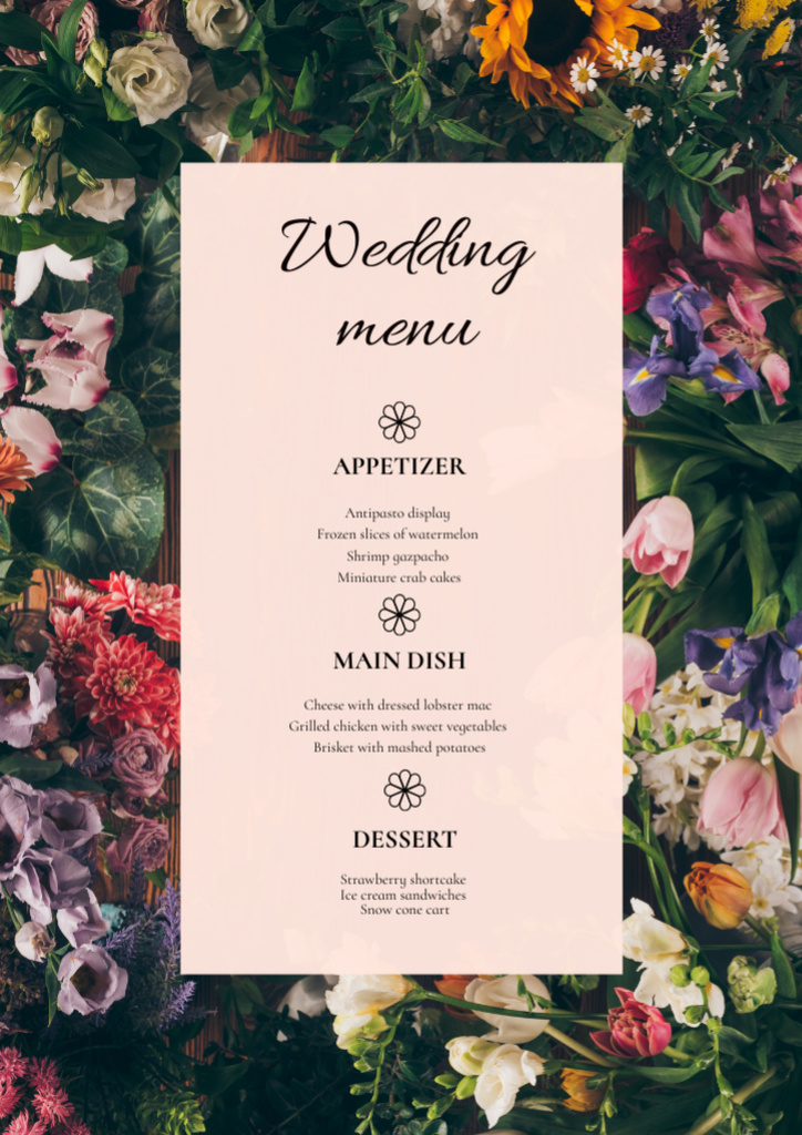 Ontwerpsjabloon van Menu van Minimalist Wedding Course List on Background of Flowers